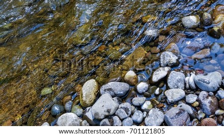 Smooth rocks on riverbank.