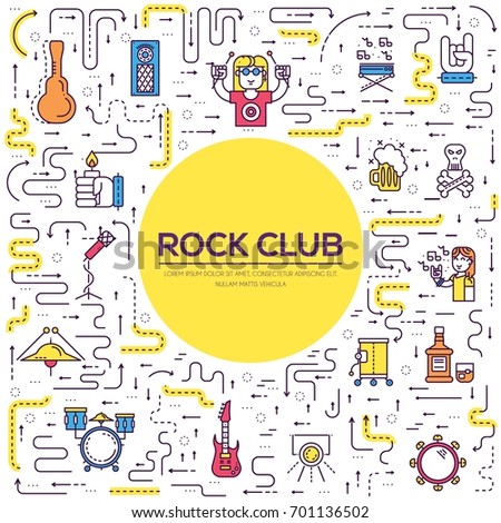 Thin line musicians playing and performing on stage during the party in rock club and bar concept. Flat outline  vector illustration concept design