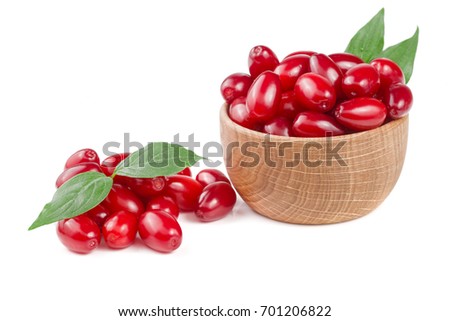 dogwood berry with leaf in a wooden bowl isolated on white background