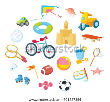 Vector flat design cartoon icons set of baby kids children's toys, musical instruments and sports equipment objects isolated on white background