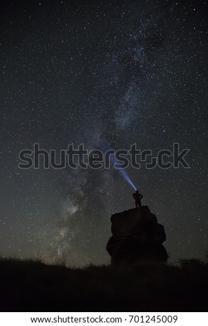 Milky way. Man staring at the stars, Milky way, with lantern on his head 