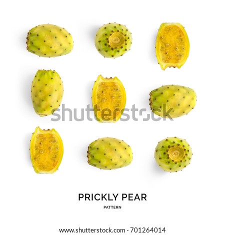 Seamless pattern with prickly pear fruit. Tropical abstract background. Prickly pear fruit on the white background. Royalty-Free Stock Photo #701264014