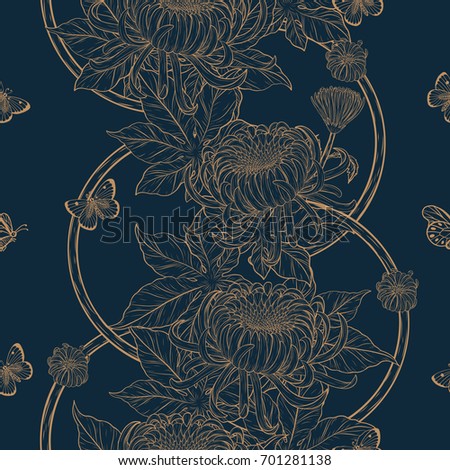 Chrysanthemum pattern on vintage background.Flower wallpaper by hand drawing.Butterfly with flower vintage wallpaper vector.