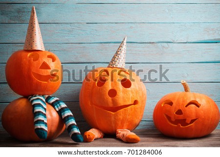 halloween pumpkin on blue wooden background