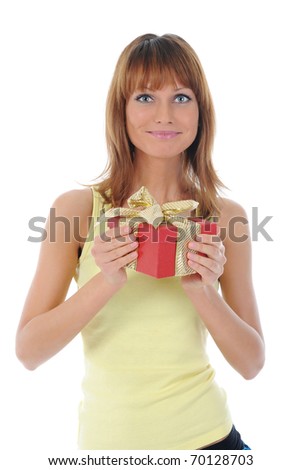 smiling woman with a gift box. Isolated on white background