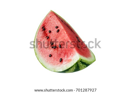 red sliced watermelon with black bones isolated on white background
