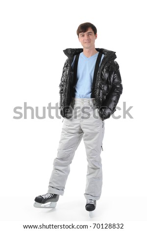 Smiling man in winter style with skates. Isolated on white background