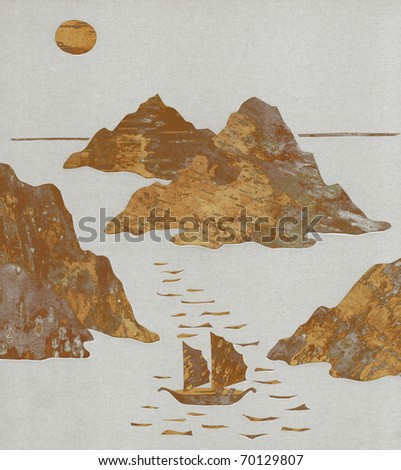 Sailing ship in sea of Japan. Handmade, application from slices of a back of a birch bark on a fabric