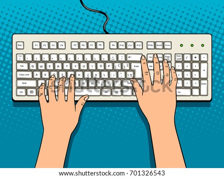 Hands on computer keyboard comic book pop art retro style vector illustration.
