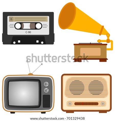 Retro subjects. An old TV, a retro radio, a gramophone, an audio cassette. Flat design, vector illustration, vector.