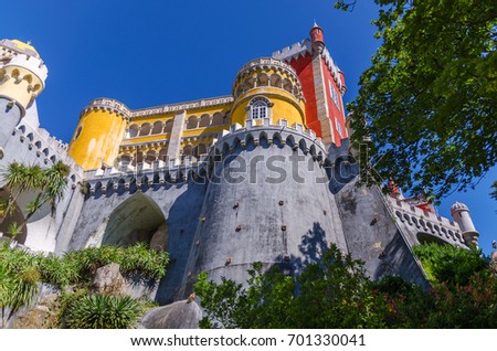 Must see of Portugal,  Pena National Palace in Sintra, Palacio Nacional da Pena.  Portuguese architecture background. Bottom view