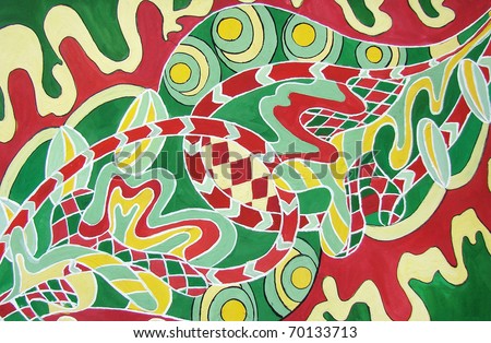 Happy painting of green and red abstract with tennis rockets
