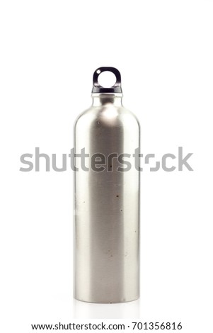 old stainless thermos bottle isolated on white background, object in kitchen