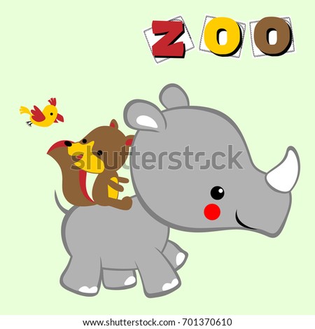 Funny fox ride on cute rhino with little bird, vector cartoon illustration
