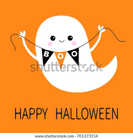 Flying ghost spirit holding bunting flag Boo. Happy Halloween. Scary white ghosts. Cute cartoon spooky character. Smiling face, hands. Orange background Greeting card. Flat design. Vector illustration