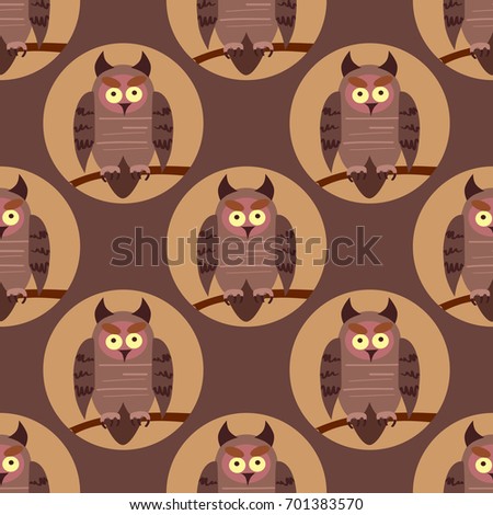 Vector seamless pattern with birds. Cute owls on the branches.