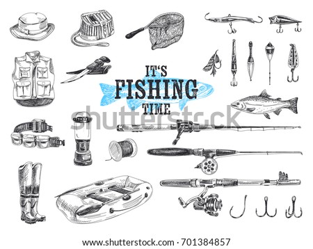 Vector hand drawn fishing set  Illustration. Sketch vintage style. Design template. Retro background.