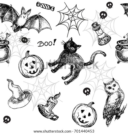 hand drawn set halloween seamless pattern on a white background