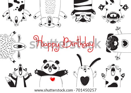 Birthday Card with Funny Animals Pig Bear Fox Sheep Cat Pug Panda Rabbit. Vector illustration.