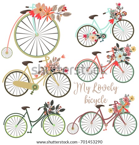 A Set of vector cute bicycles with flowers for design. Ideal for save the dates