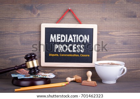 Mediation Process concept. Dispute Communication Closure. Chalkboard on a wooden background