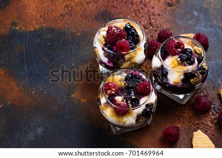 Homemade dessert in glass jars. Cheesecake, trifle, mouse on grunge stone background. Copy space