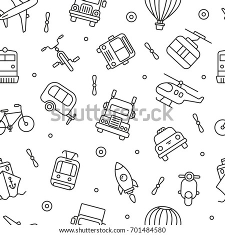 Transport seamless pattern with cars, airplanes and ships, black and white icons