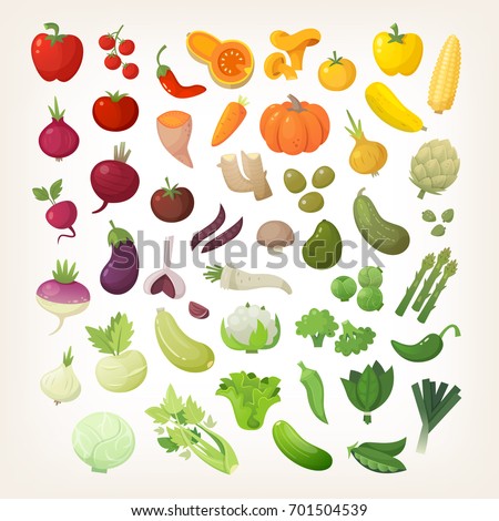Set of common vegetables organized in rainbow layout.  Royalty-Free Stock Photo #701504539