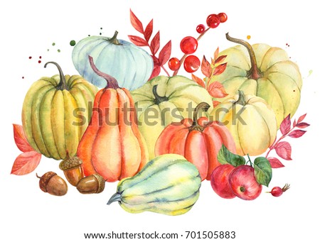 Autumn composition pumpkin and leaves, acorns, wild rose fruit, apple. hand watercolor painted,