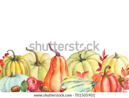 Autumn thanksgiving card template, hand watercolor painted, isolated, pumpkin and leaves, acorns, wild rose fruit, apple