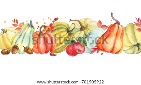 Autumn composition pumpkin and leaves, acorns, wild rose fruit, apple. hand watercolor painted, isolated