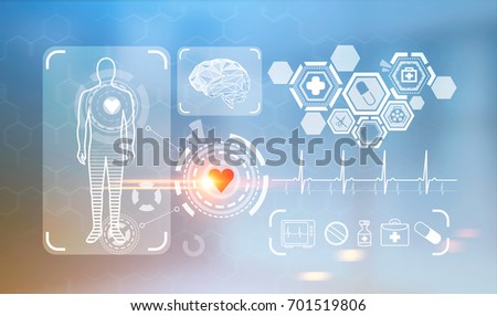 Futuristic medical icons and HUD with a red heart, a cardiogram, a brain sketch and an atomic grid in the background. Toned image double exposure. 3d rendering