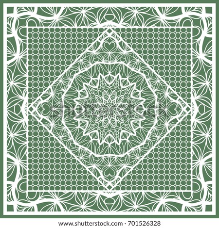 Decorative Square Template for Fabric Print. Azhure floral pattern. Vector illustration. For fabric, bandana, carpet, shawl design. Green color
