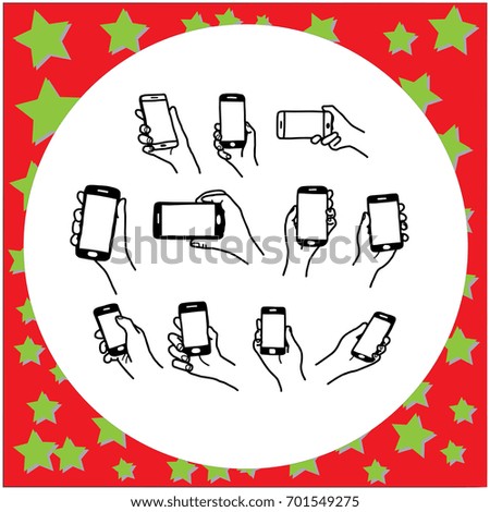 set hand holding smartphone vector illustration sketch hand drawn with black lines, isolated on white background