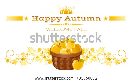 Autumn apple basket greeting card. Harvest festival poster. Fall party invitation. Thanksgiving day, american traditional harvest holiday, white background isolated, agriculture vector illustration.