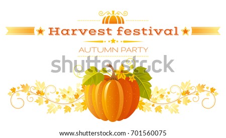 Autumn pumpkin patch greeting card. Harvest festival poster. Fall party invitation banner. Thanksgiving day - american traditional family holiday, white background isolated, vector illustration flyer.