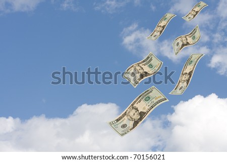 Twenty dollar bills floating through a cloudy sky, Raining Money