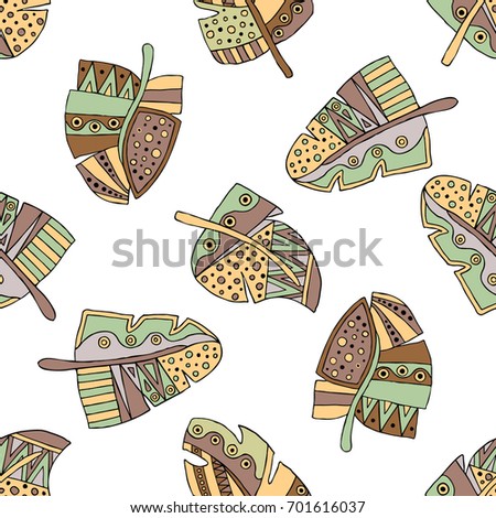 Hand drawn seamless pattern, decorative stylized childish feather in the shape of tree. Doodle style, tribal graphic illustration. Ornamental cute hand drawing Series of doodle patterns