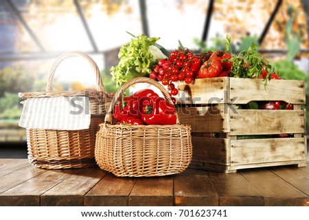 Fresh autumn vegetables on a wooden table in a greenhouse