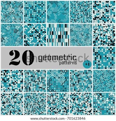 Set of twenty seamless geometric pattern with colored elements, vector abstract background, colorful geometric background