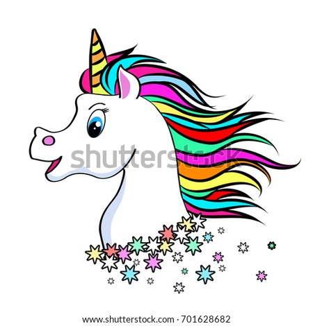 Unicorn head portrait vector illustration. Magic fantasy horse design for children t-shirt and bags. Childish character White unicorn  with rainbow hair
