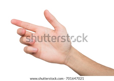 Male hand holding card, phone or other isolated on white, close-up, cutout