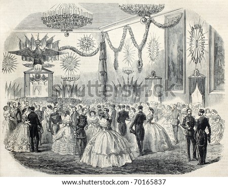 Old illustration of French army ball at Cremona's city hall, Italy. Original, from drawing of Janet-Lange, after sketch of Boucheman, was published on L'Illustration, Journal Universel, Paris, 1860