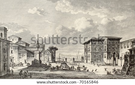 Old view of Royal square in Messina, Sicily. By Desprez and De Ghendt, published on Voyage Pittoresque de Naples et de Sicilie,  J. C. R. de Saint Non, Impr. de Clousier, Paris, 1786