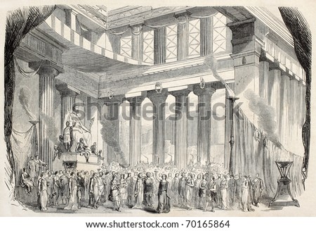 Theatrical representation of Baucis and Philemon, Gounod's opera from Ovid's fable. From drawing of Lefman, on decor of Cambon and Thierry, published on L'Illustration, Journal Universel, Paris, 1860