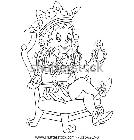 Coloring page of cartoon young king or prince. Coloring book design for kids and children.