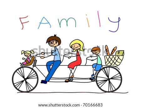 child's drawing of the family on a bicycle, vector