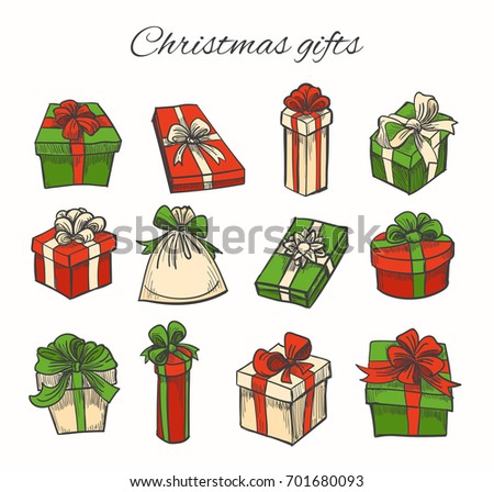 Set of Christmas gifts. Hand drawn style. Vector illustration