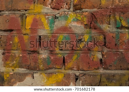 fragment of a brick wall. part of the old abandoned house. colorful drawings and inscriptions on the wall. Wallpapers for your desktop. urban style