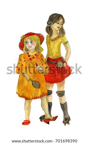 Two funny girls. Watercolor illustration on isolated background.